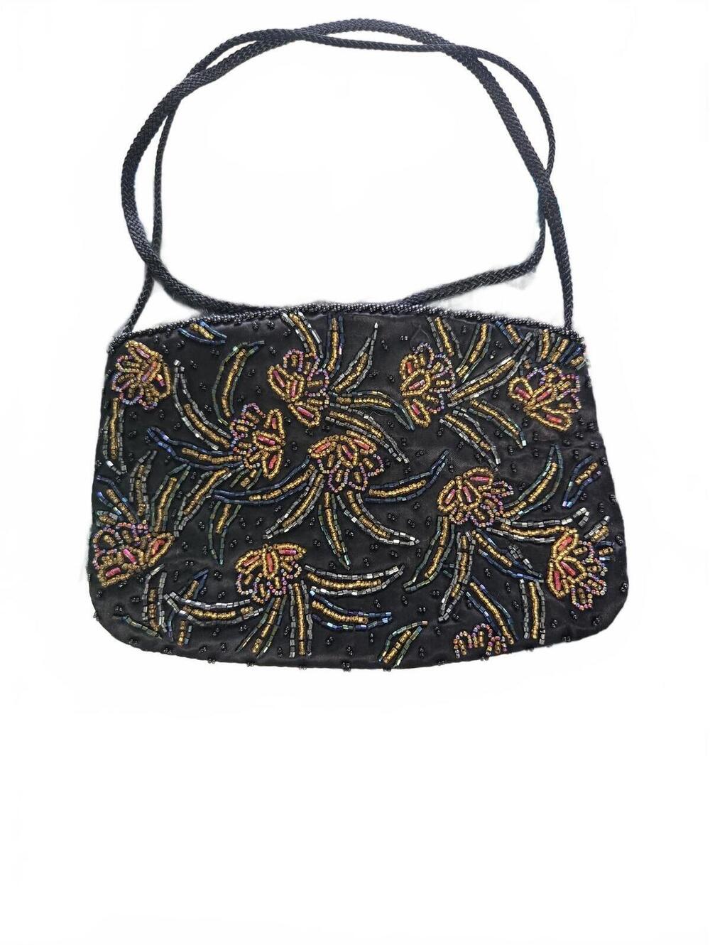 Vintage Black Beaded Floral Shoulder Bag